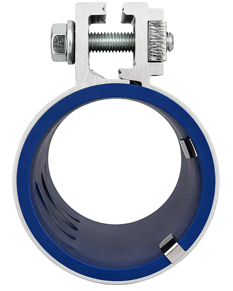 Detalle de la junta de silicona azul detectable por metales de la abrazadera DVK-HD