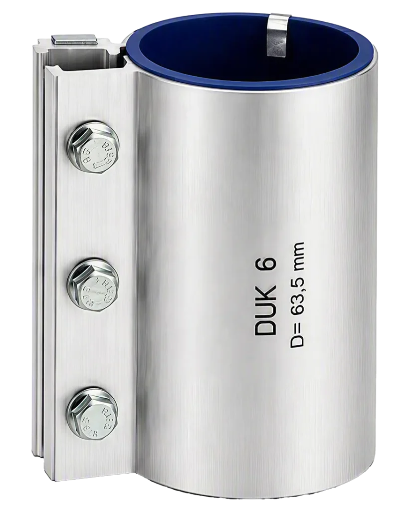 Abrazadera HS Umformtechnik DVK-HD con junta de silicona azul detectable por metales para transporte neumático